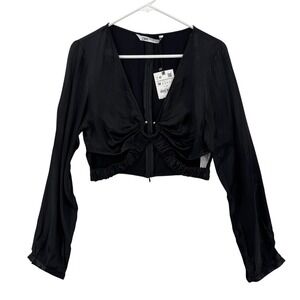 Zara Blouse Womens Medium Black Long Sleeve Gathered Front Crop Top Ruched New